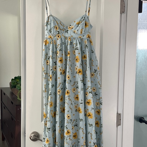 Aqua Maxi Dress with Yellow Floral Pattern - Picture 1 of 5